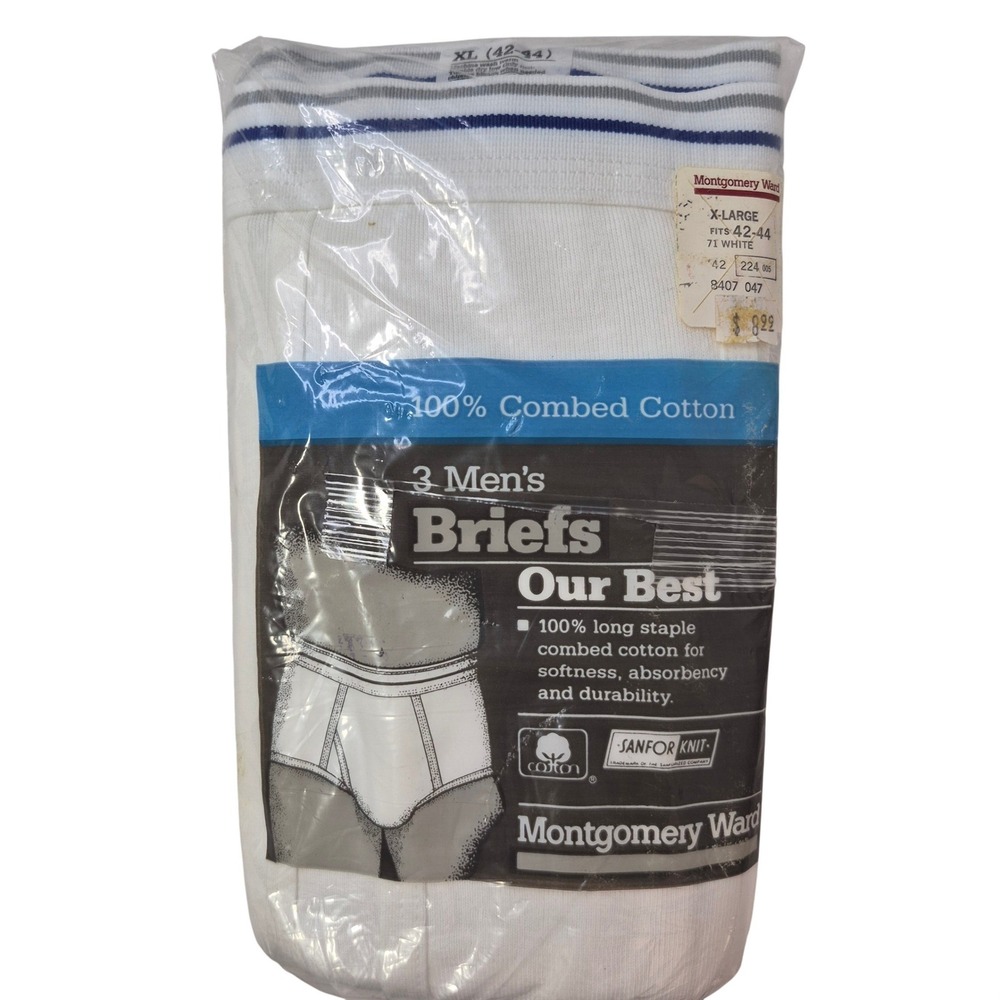 Montgomery Ward Briefs Mens XL 42-44 White 3-Pack Cotton Blue Gray Line VTG New